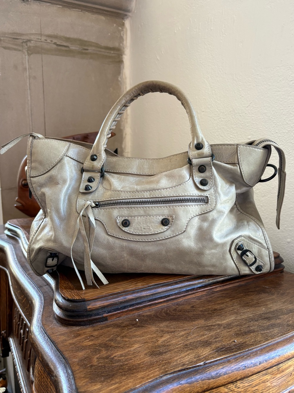 Balenciaga Leather Satchel Handbag in Metallic Taupe